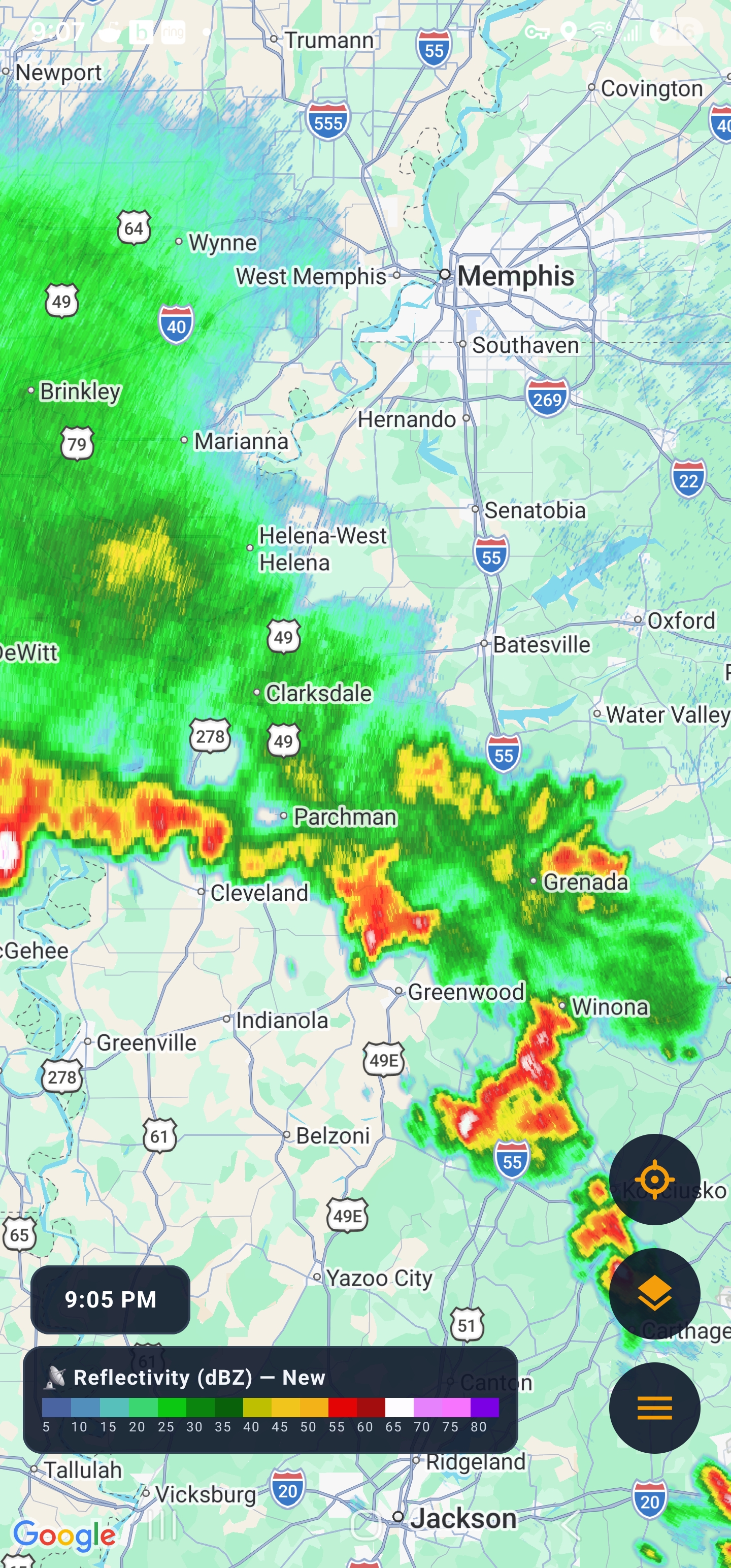 Google Maps with radar reflectivity over Memphis