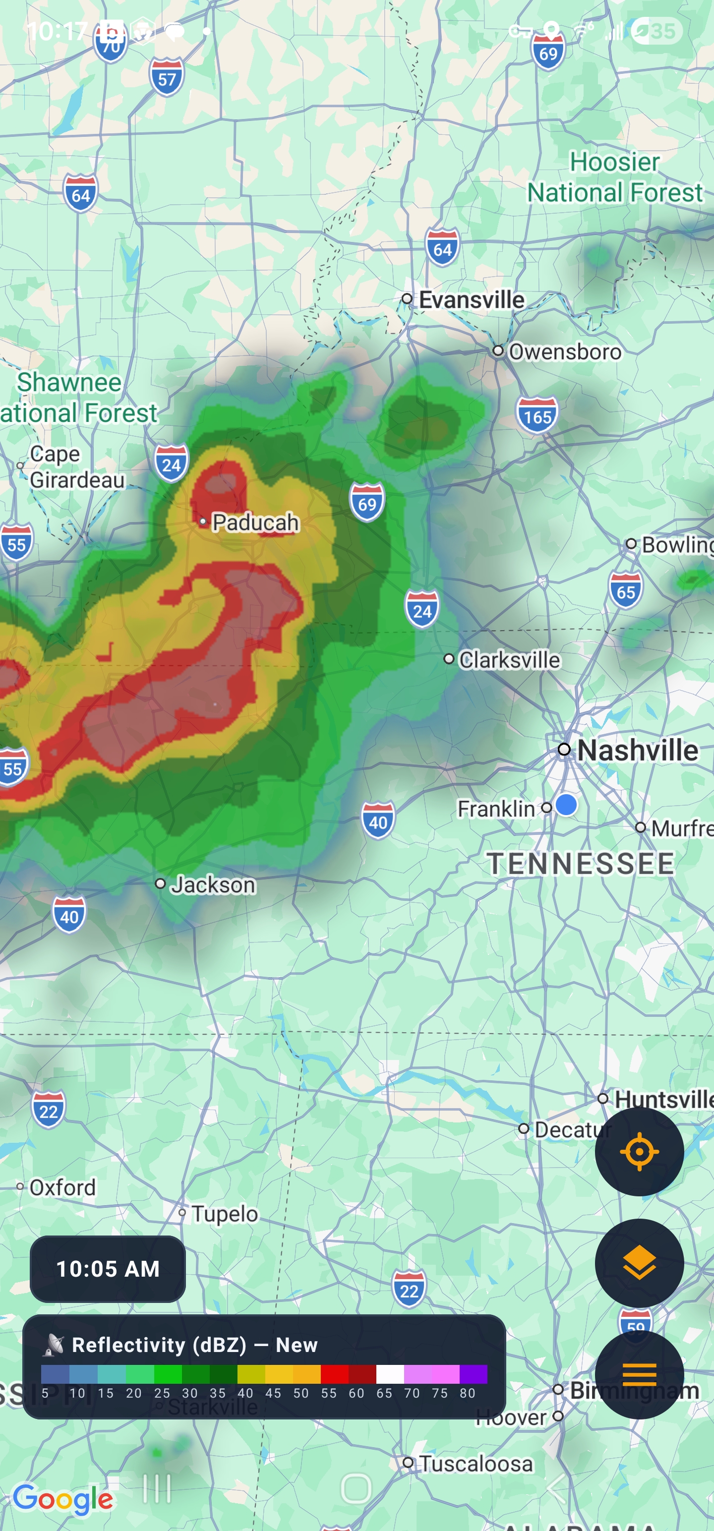 Storm cell in cartoon style on Google Maps over Tennessee
