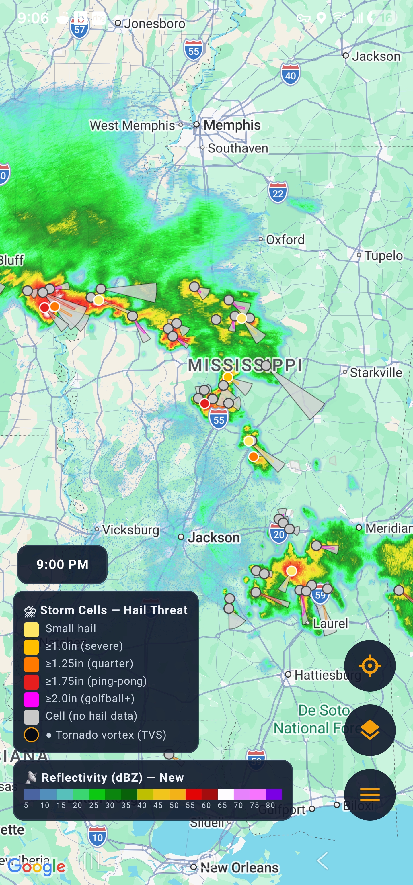 Storm cells with hail threat markers over Mississippi