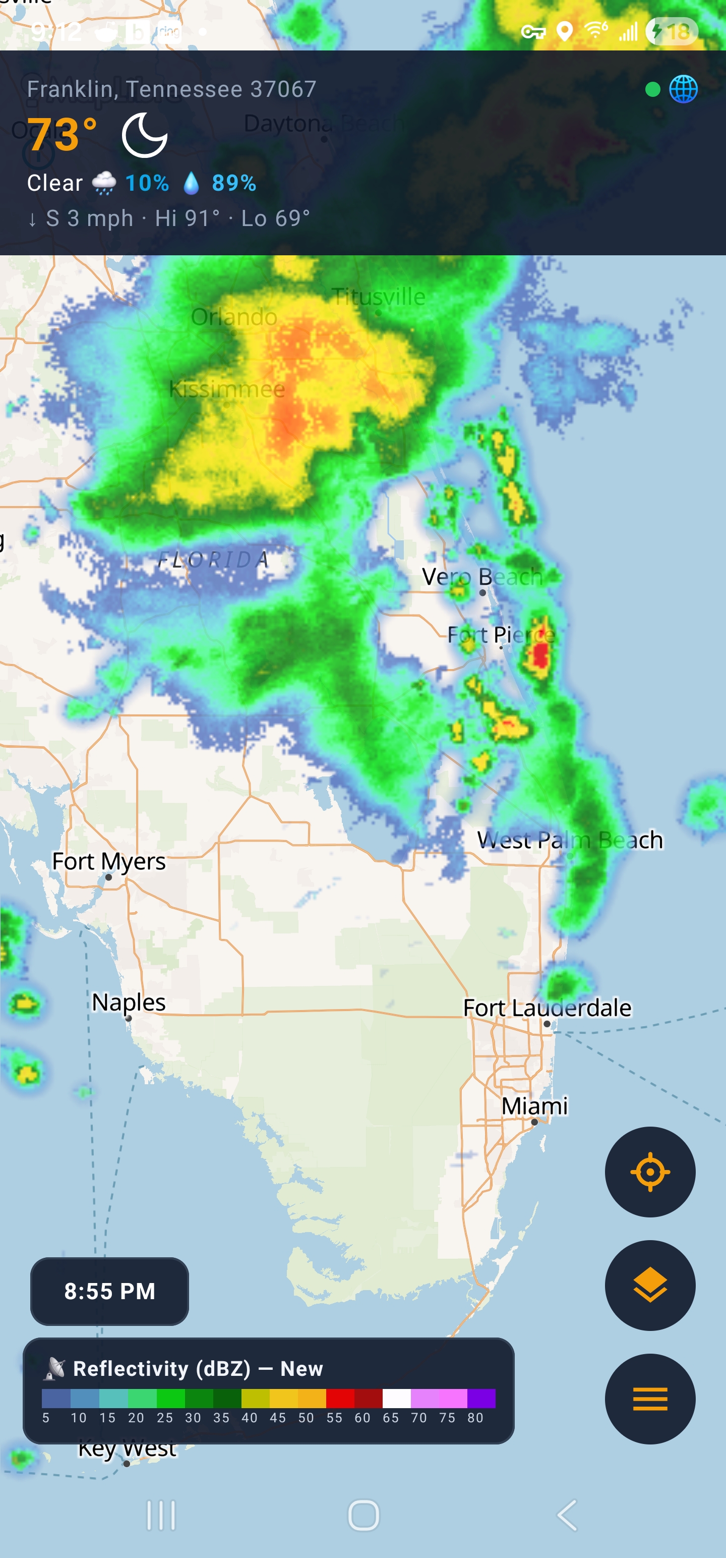 Bright map style with radar and conditions banner over Florida