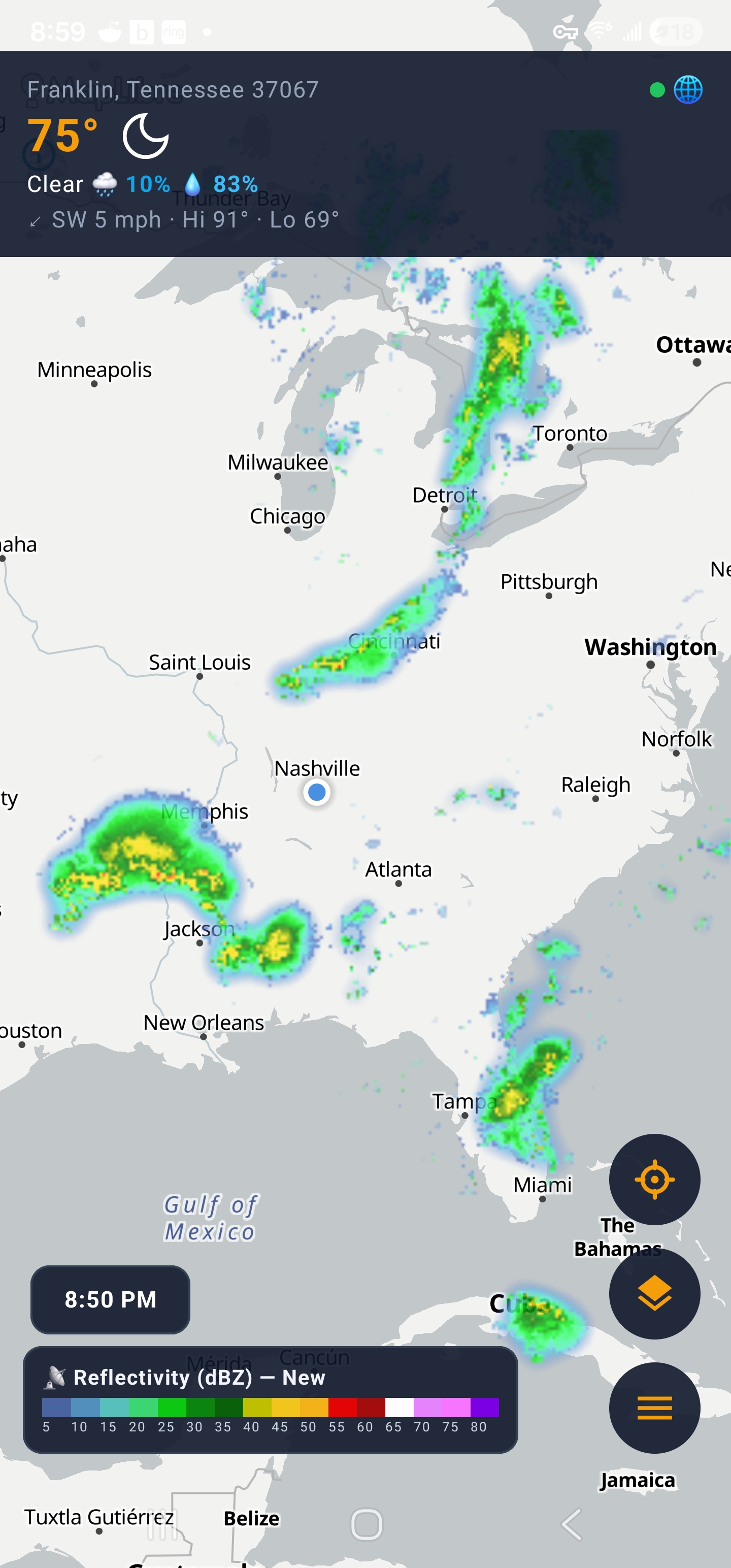 Bright map style with radar over the eastern United States