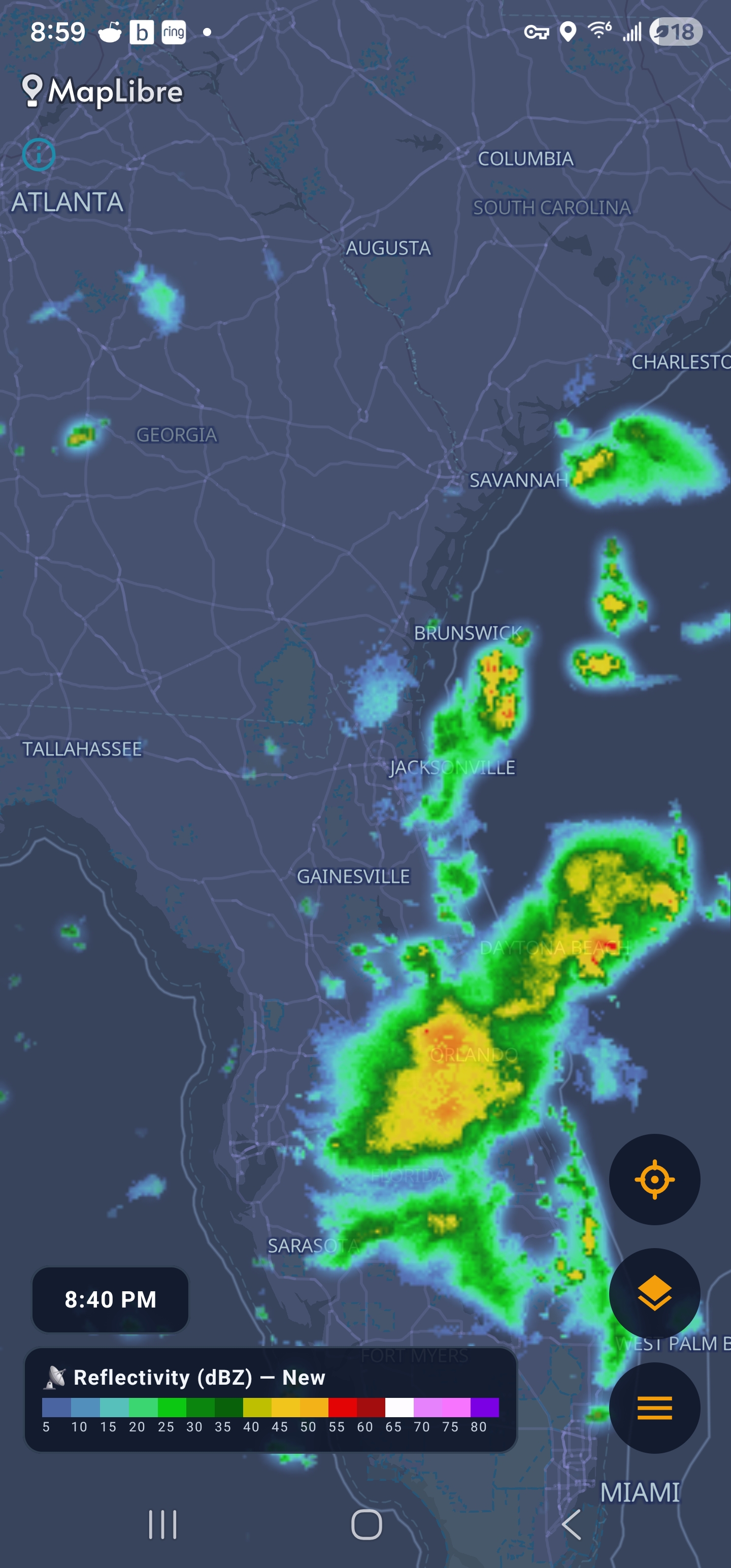 Fiord map style with radar over Florida and Georgia