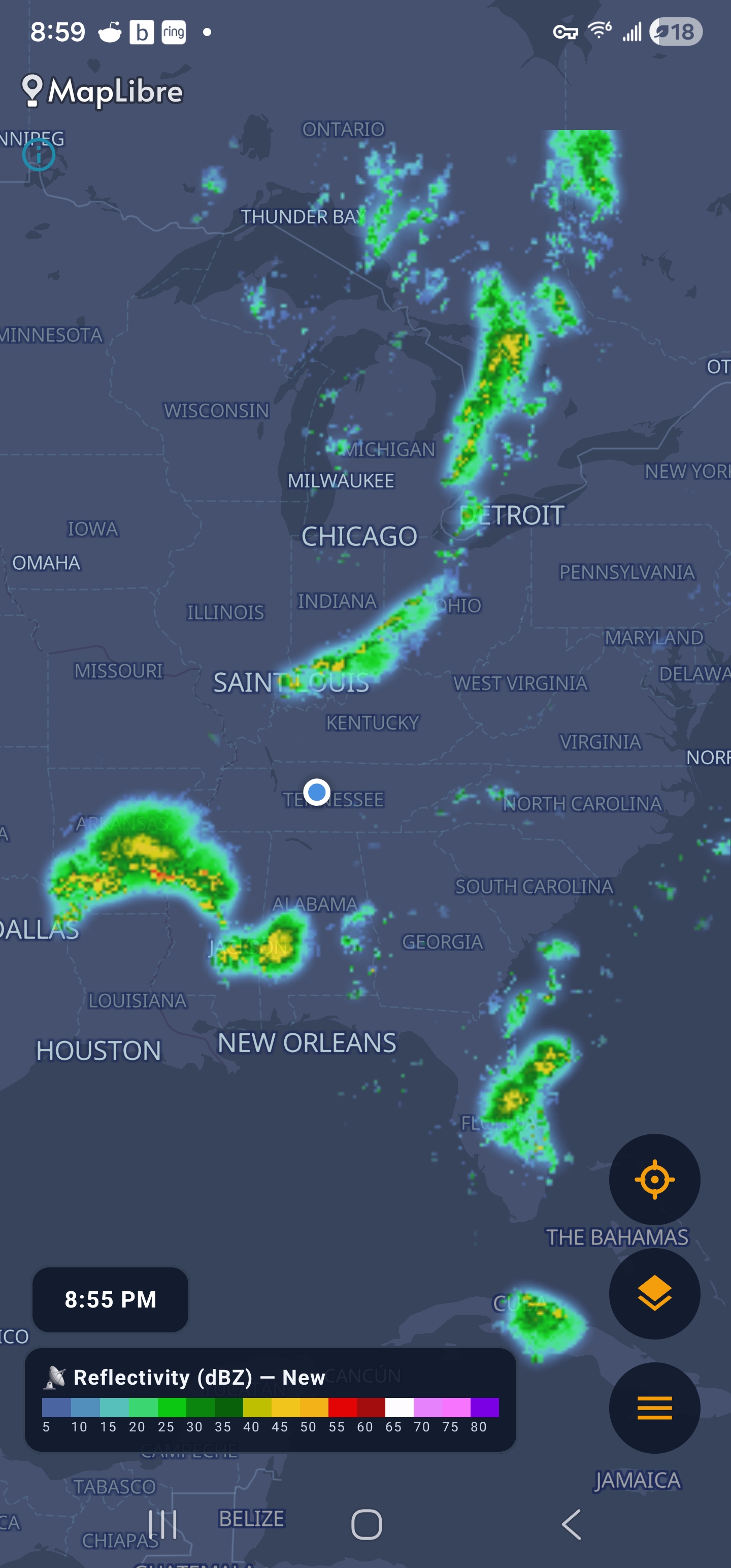 Fiord map style with radar over the eastern United States