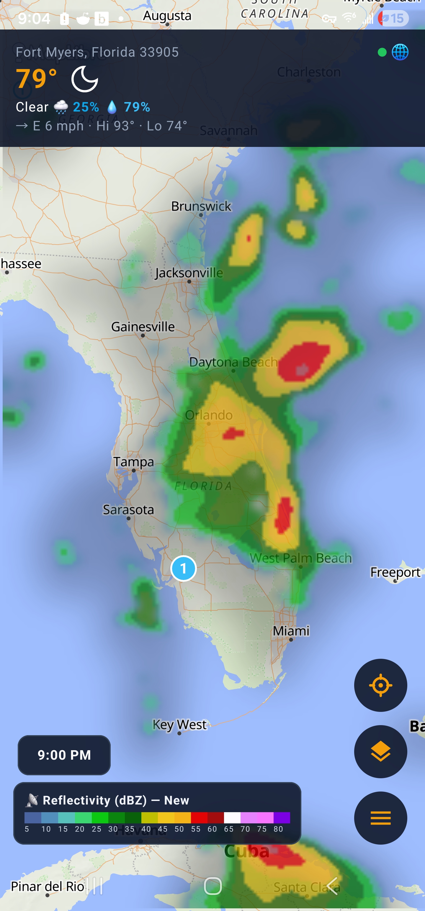 Storm cells in cartoon style over Florida