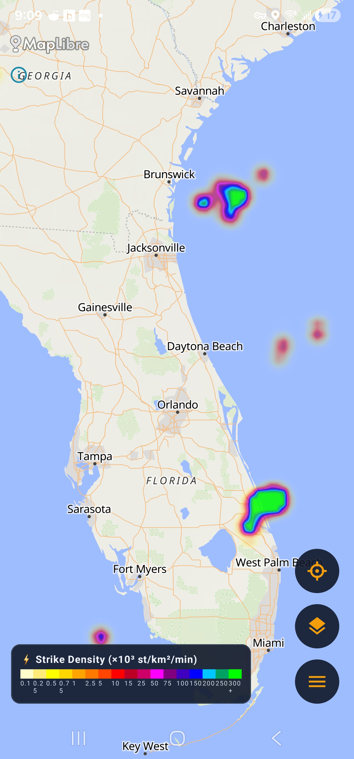 Lightning strike density layer over Florida and Georgia
