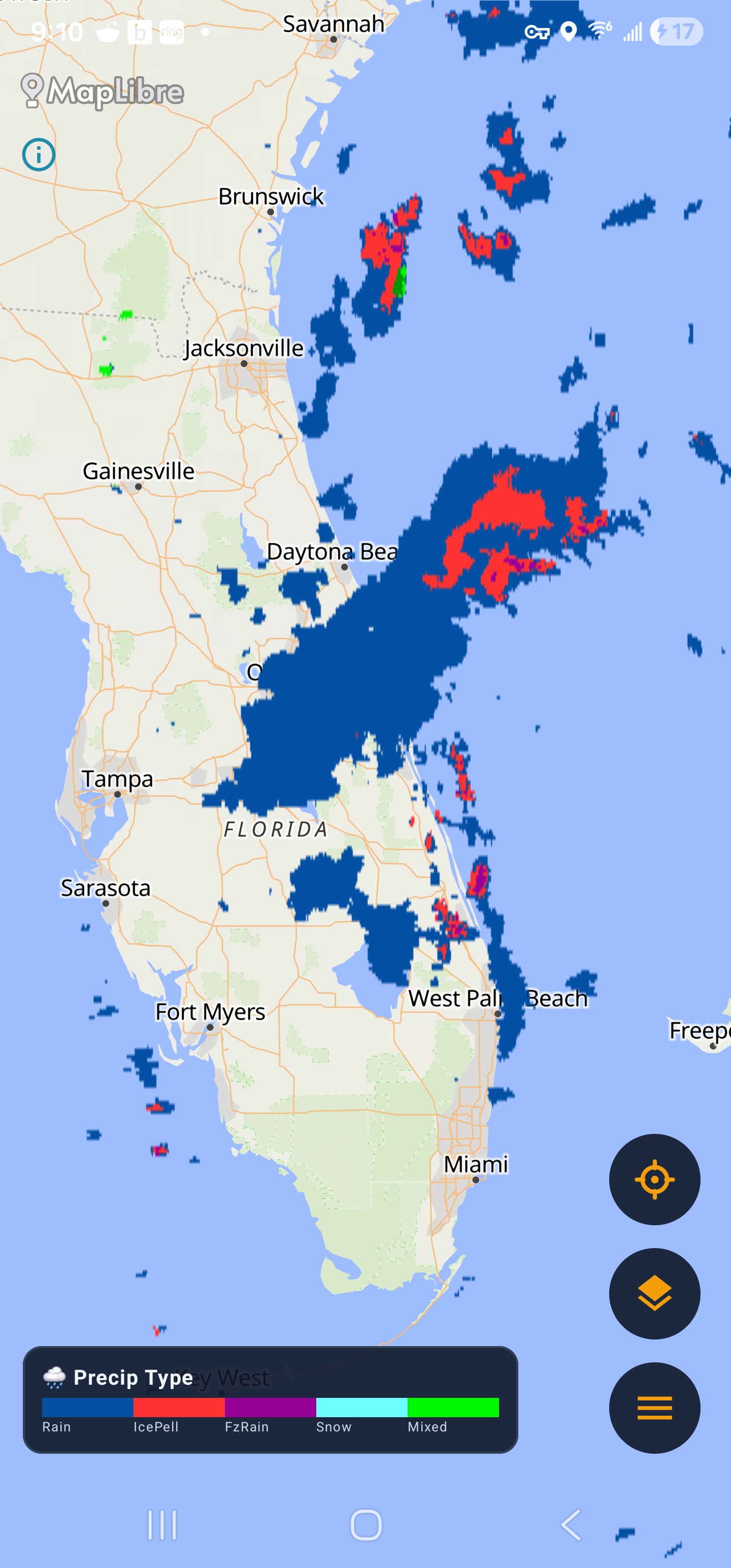 Precipitation type radar layer over Florida