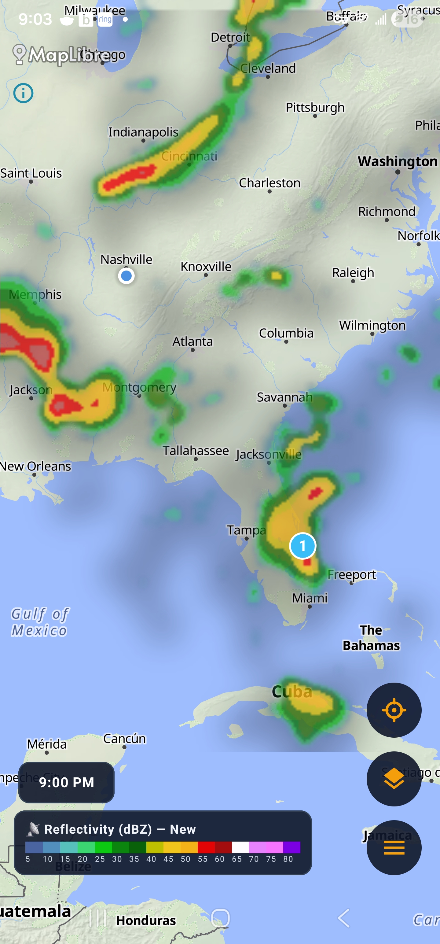 Tracked storm cell over Florida on a MapLibre base