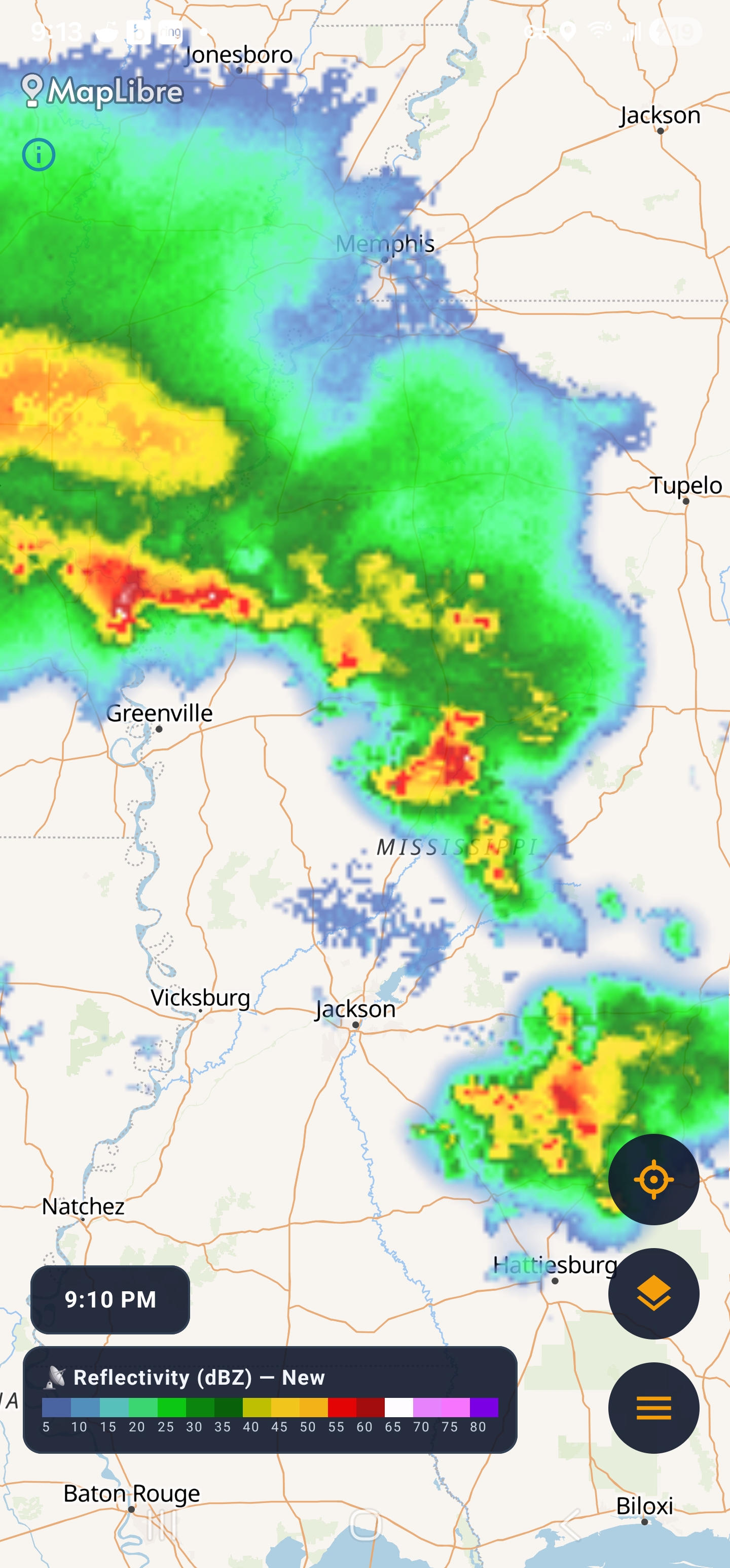 White map style with radar over Mississippi