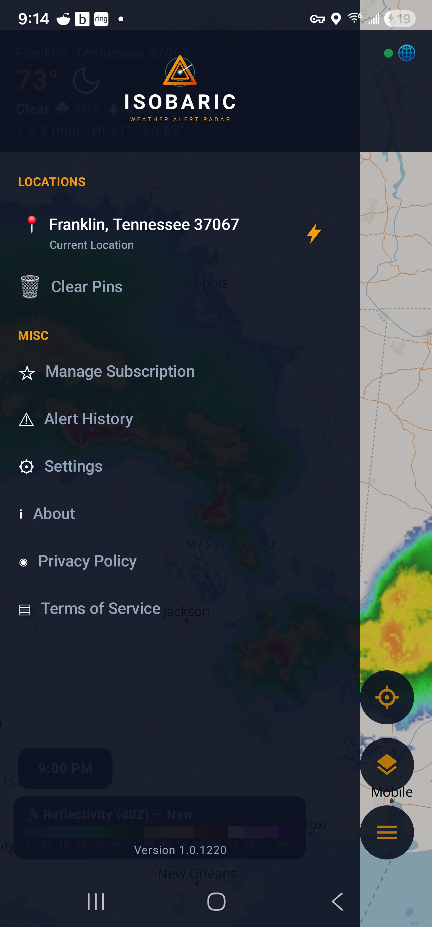 Isobaric navigation panel with locations and menu