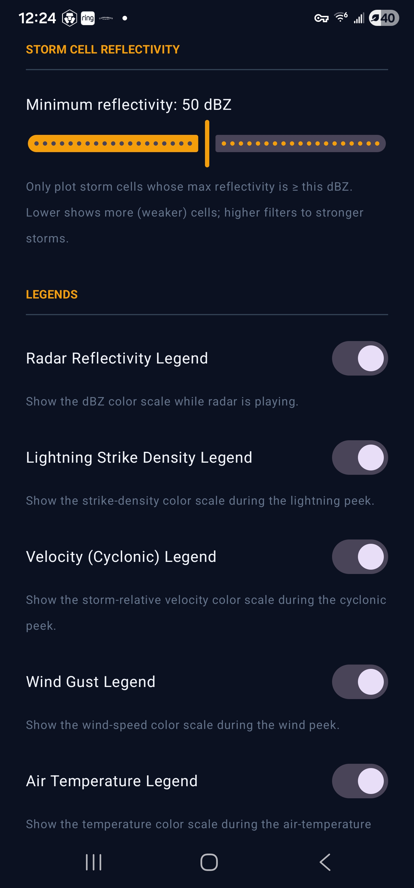 Isobaric settings — storm cell reflectivity threshold and legend toggles