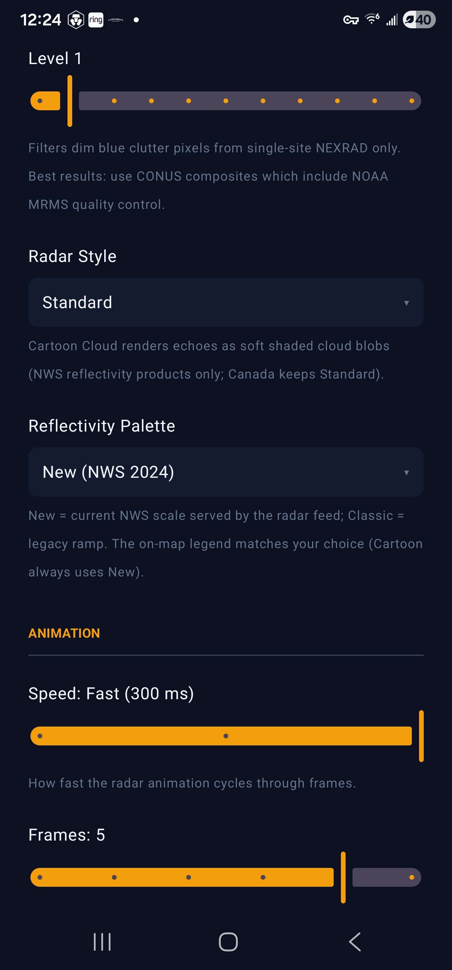 Isobaric settings — radar style, reflectivity palette and animation speed