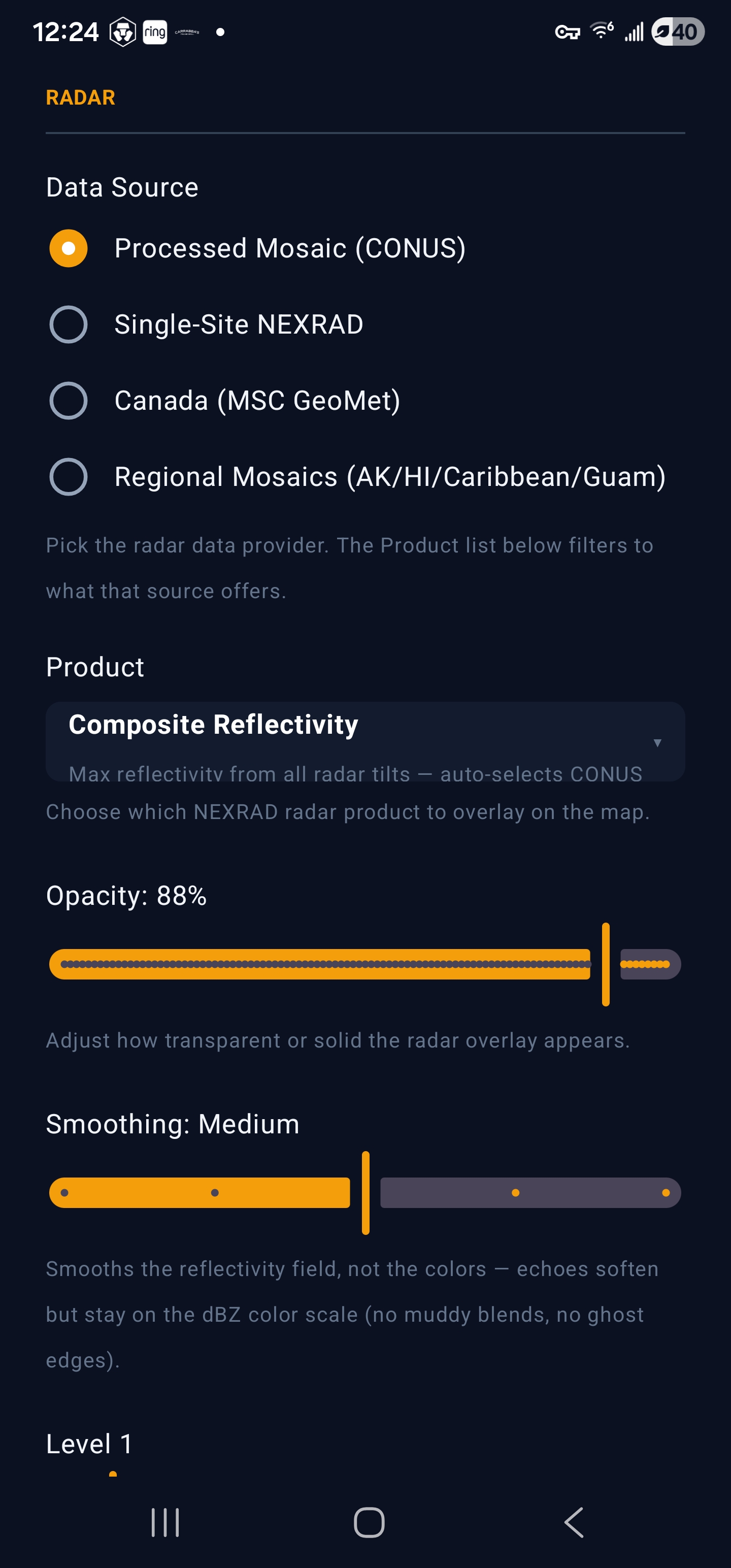 Isobaric settings — radar product, opacity and smoothing