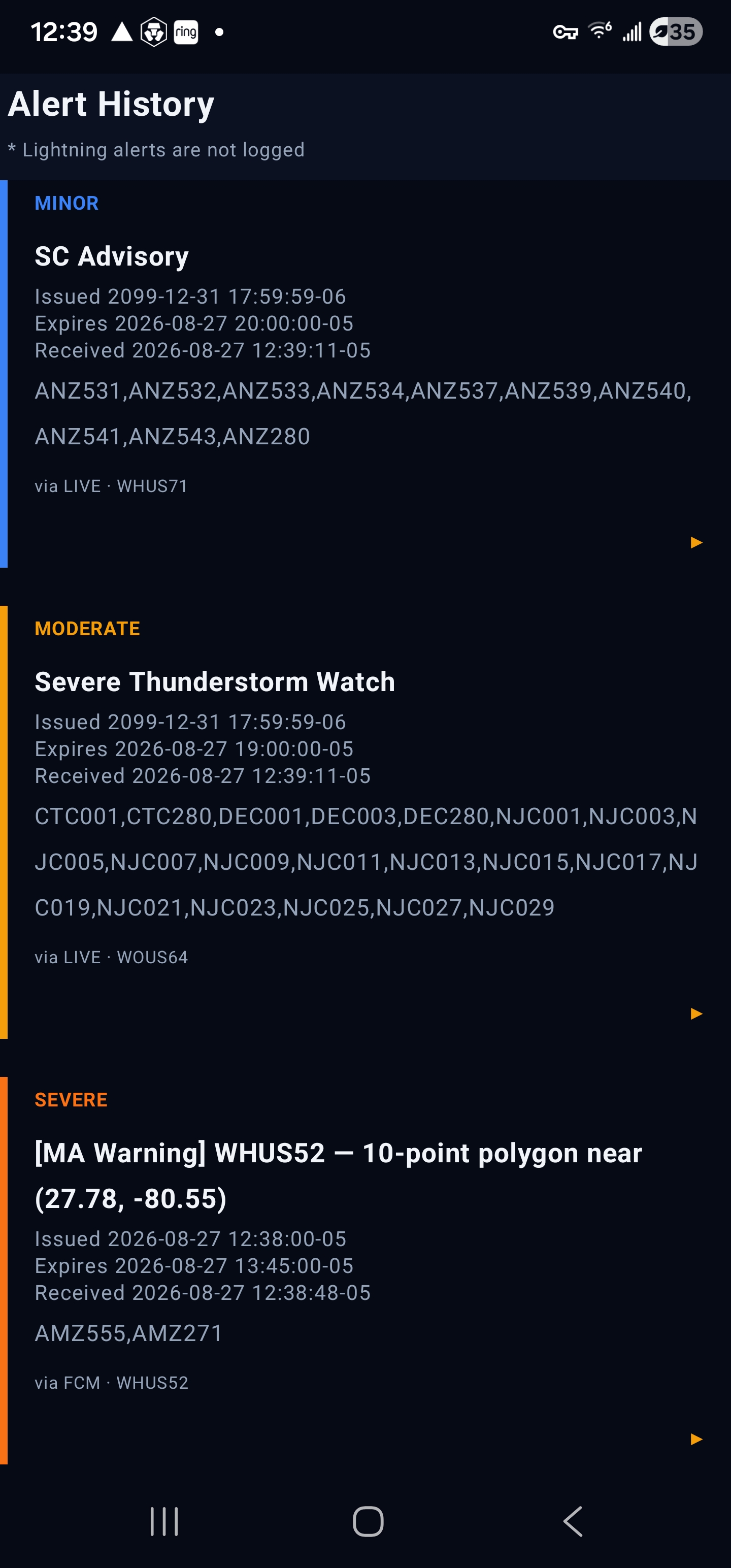 Alert history screen with severity-coded entries